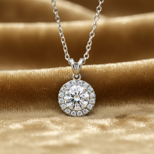 9ct White Gold CZ Halo Pendant Necklace – 18”