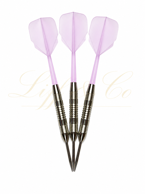 Three darts with purple flight tips on a white background