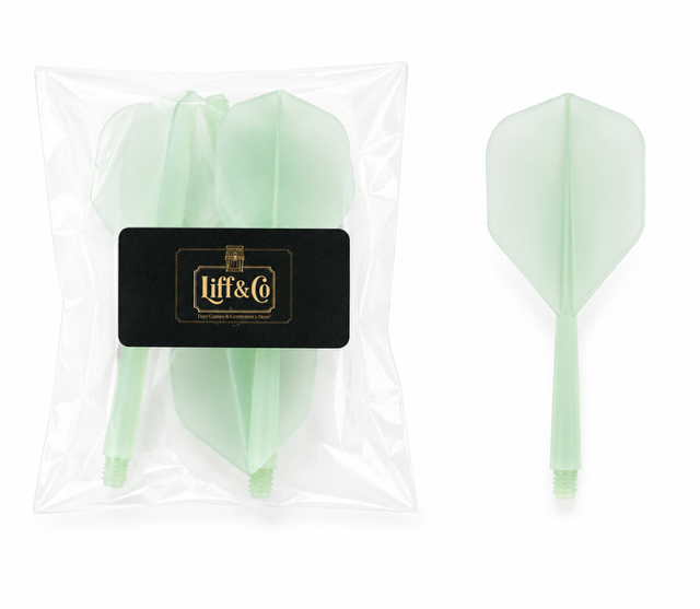 Packaged green darts with Liff & Co branding on a white background