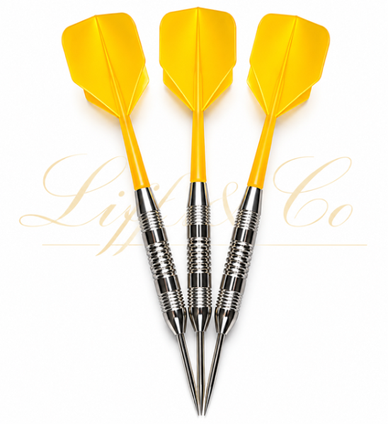 Three yellow darts with silver tips on a white background, featuring the brand 'Liff & Co'.