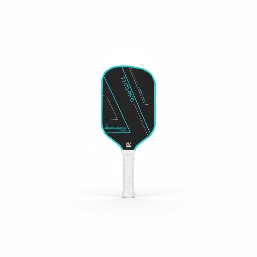 Pickleball paddle with turquoise and black design on a white background 