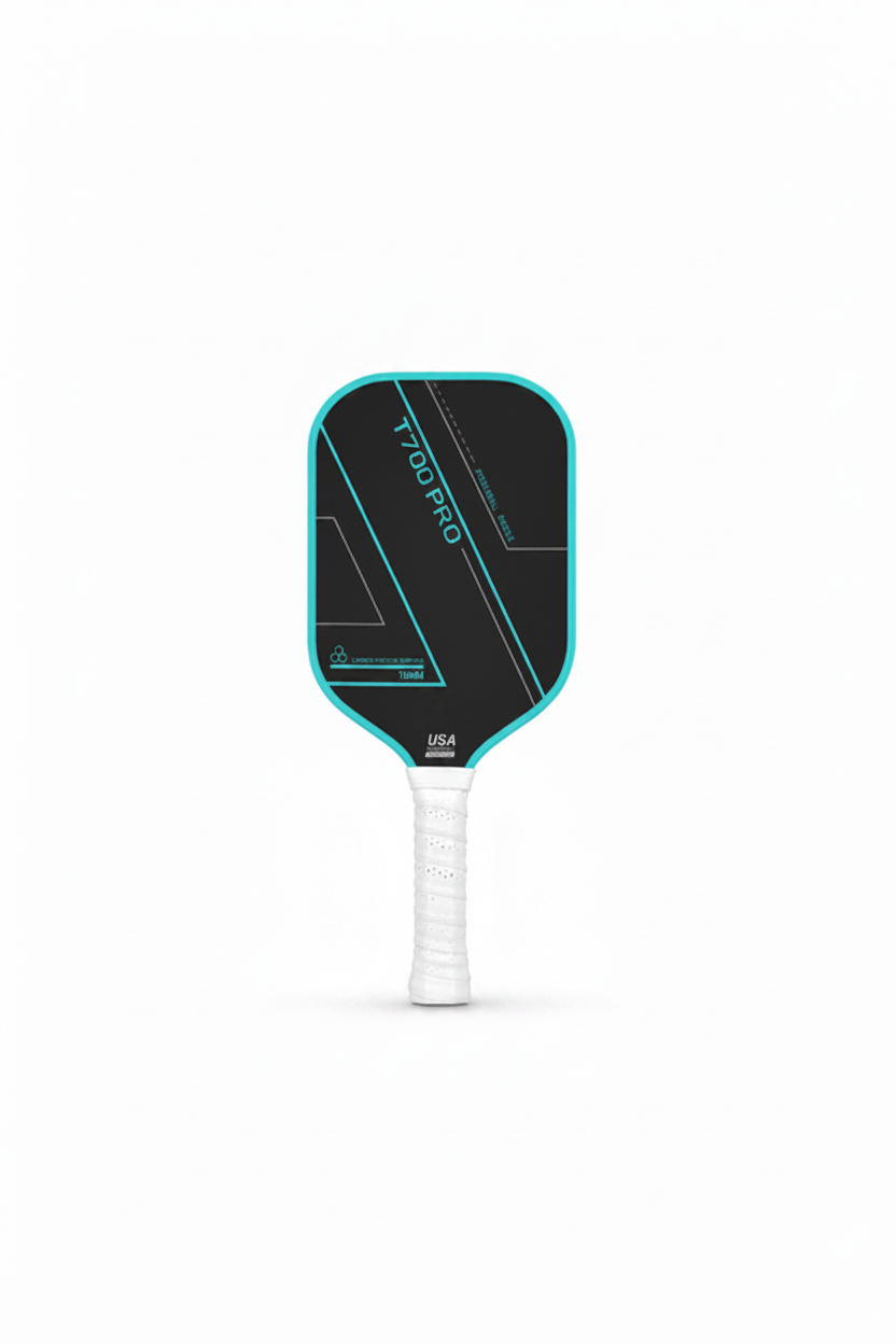 Pickleball paddle with turquoise and black design on a white background