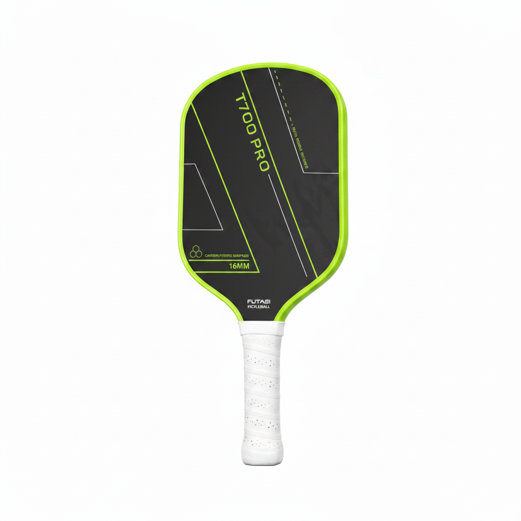 Pickleball paddle with green and black design on a white background