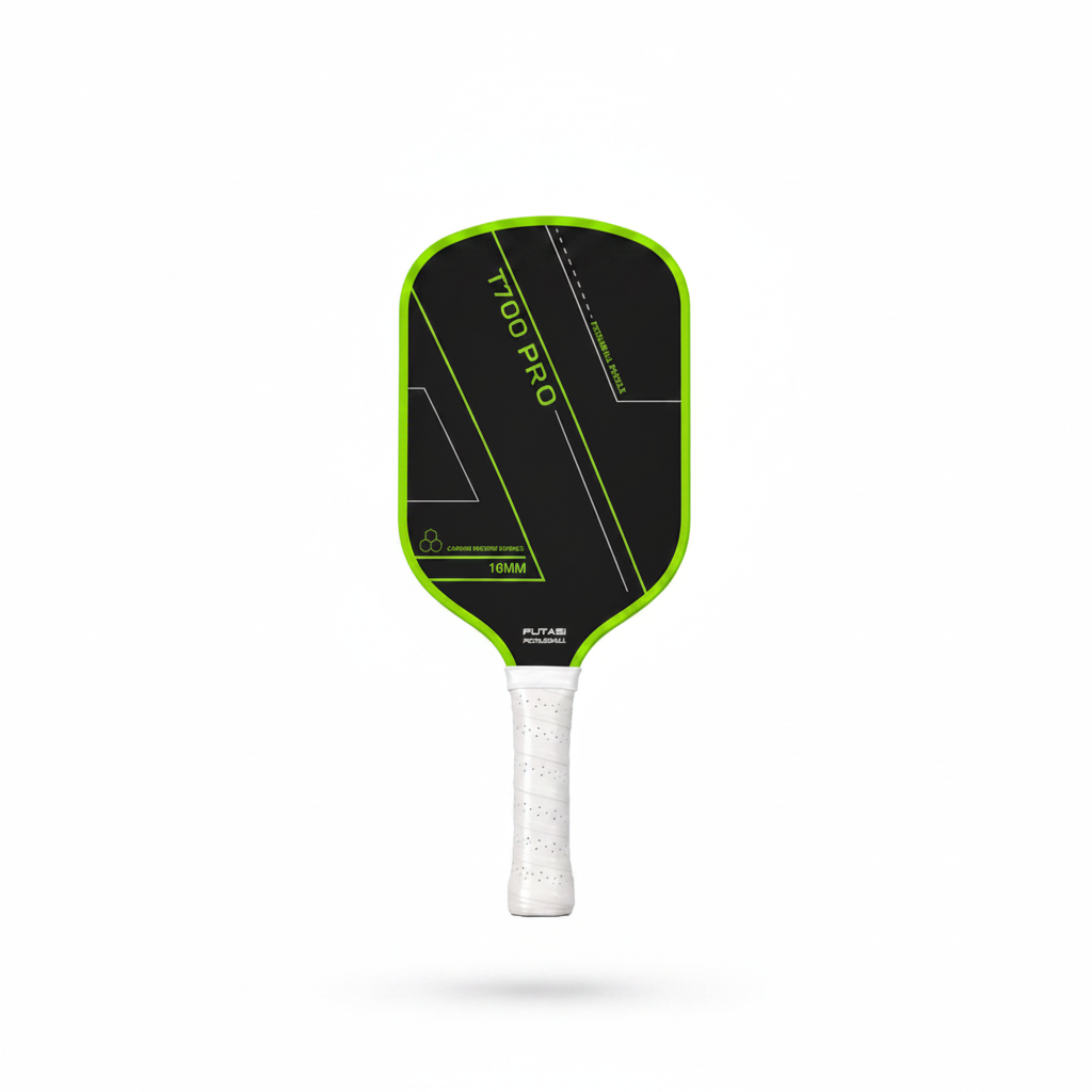 Pickleball paddle with green and black design on a white background