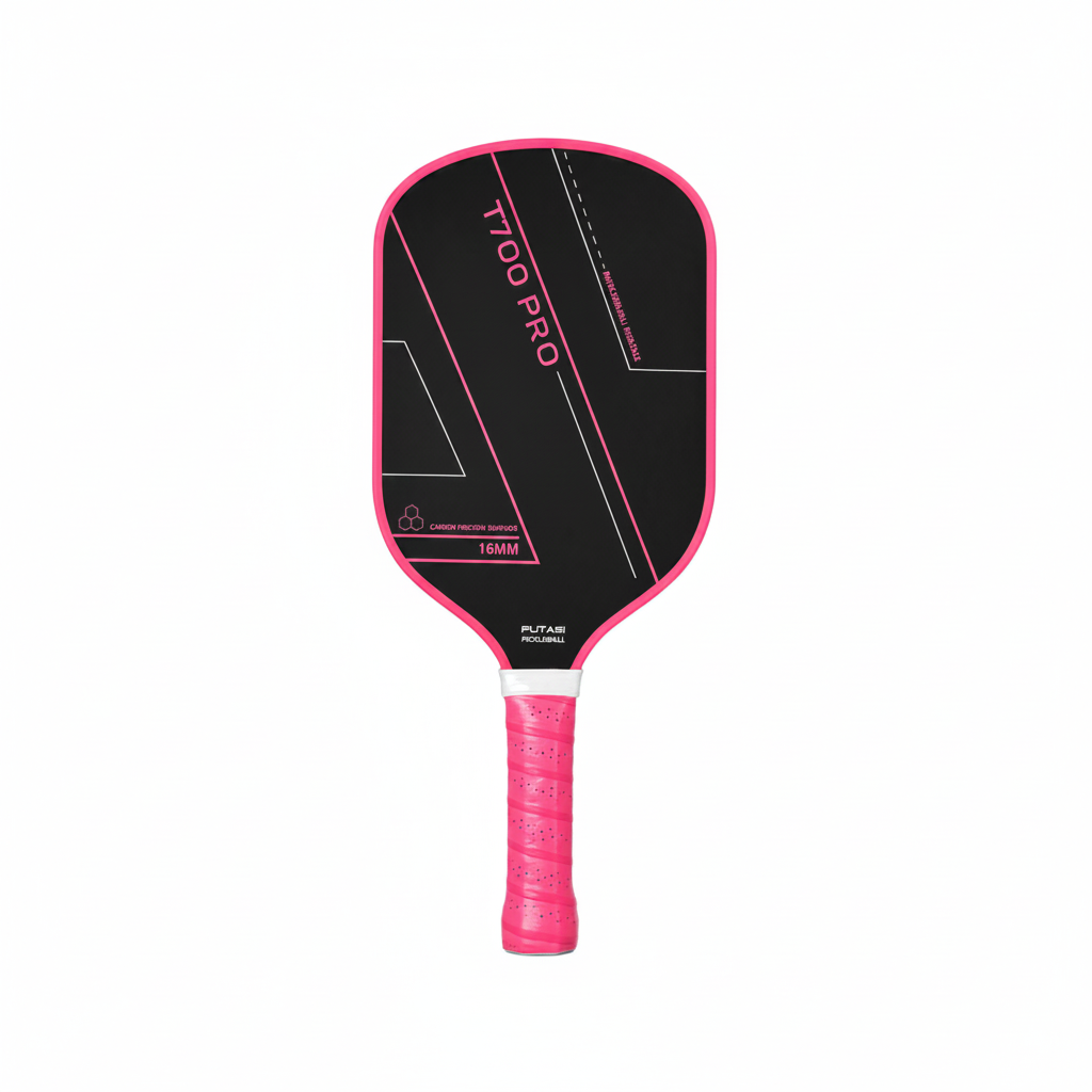 Pink and black pickleball paddle with branding on a white background
