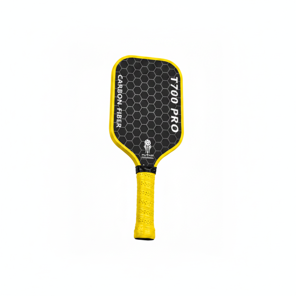 Yellow and black pickleball paddle with 'Carbon Fiber' and 'T700 Pro' text on a white background