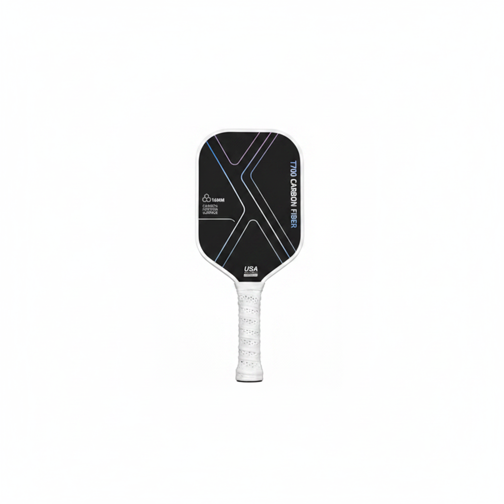 Dashed blue edge and black pickleball paddle