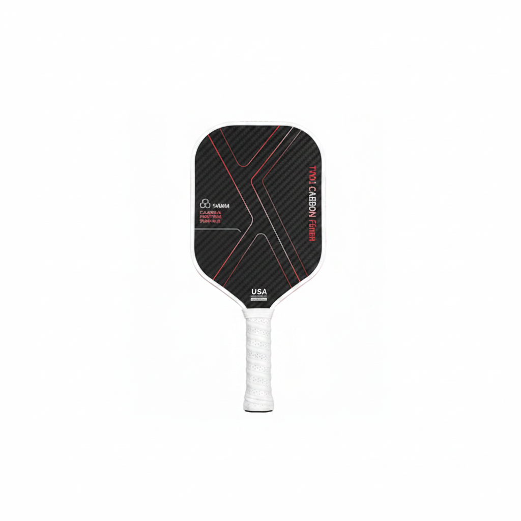 Pickleball paddle with black and red design on a white background
