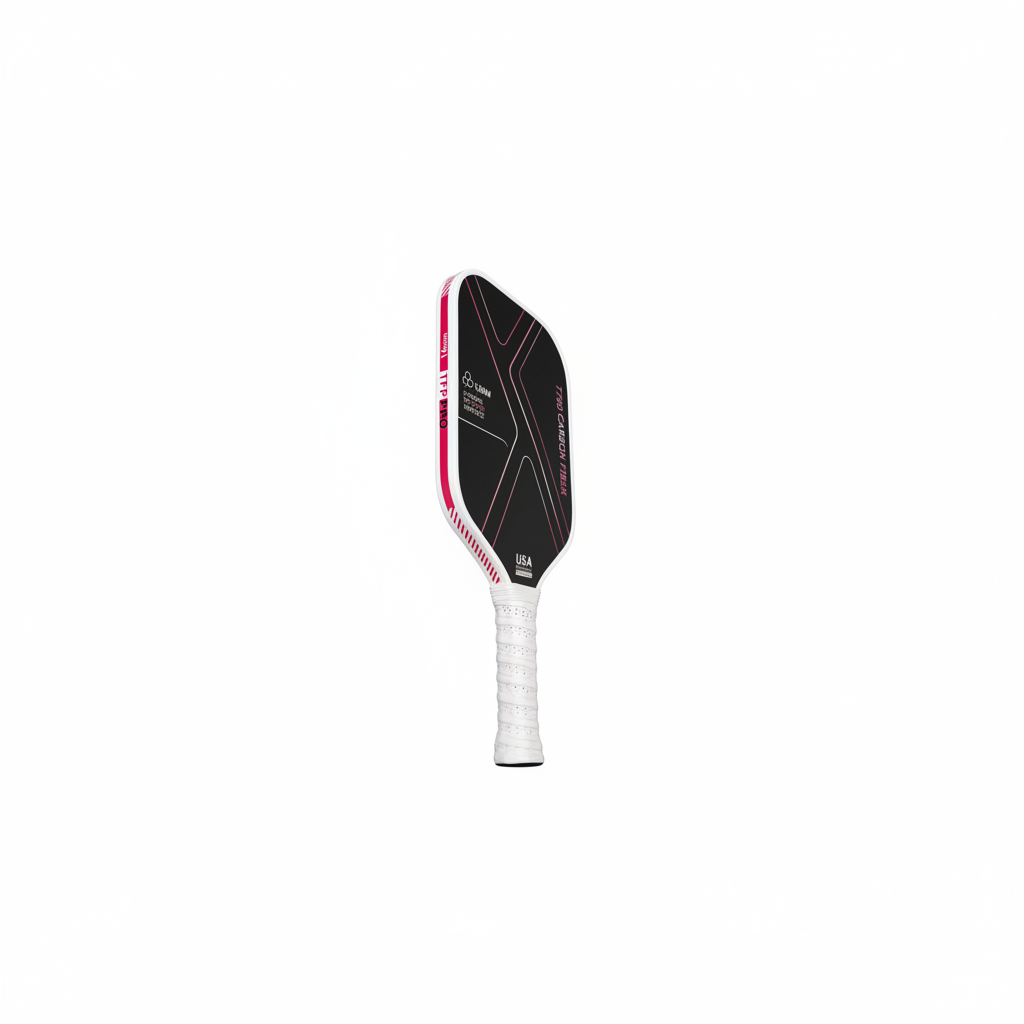 Black and white pickleball paddle with purple text on a white background