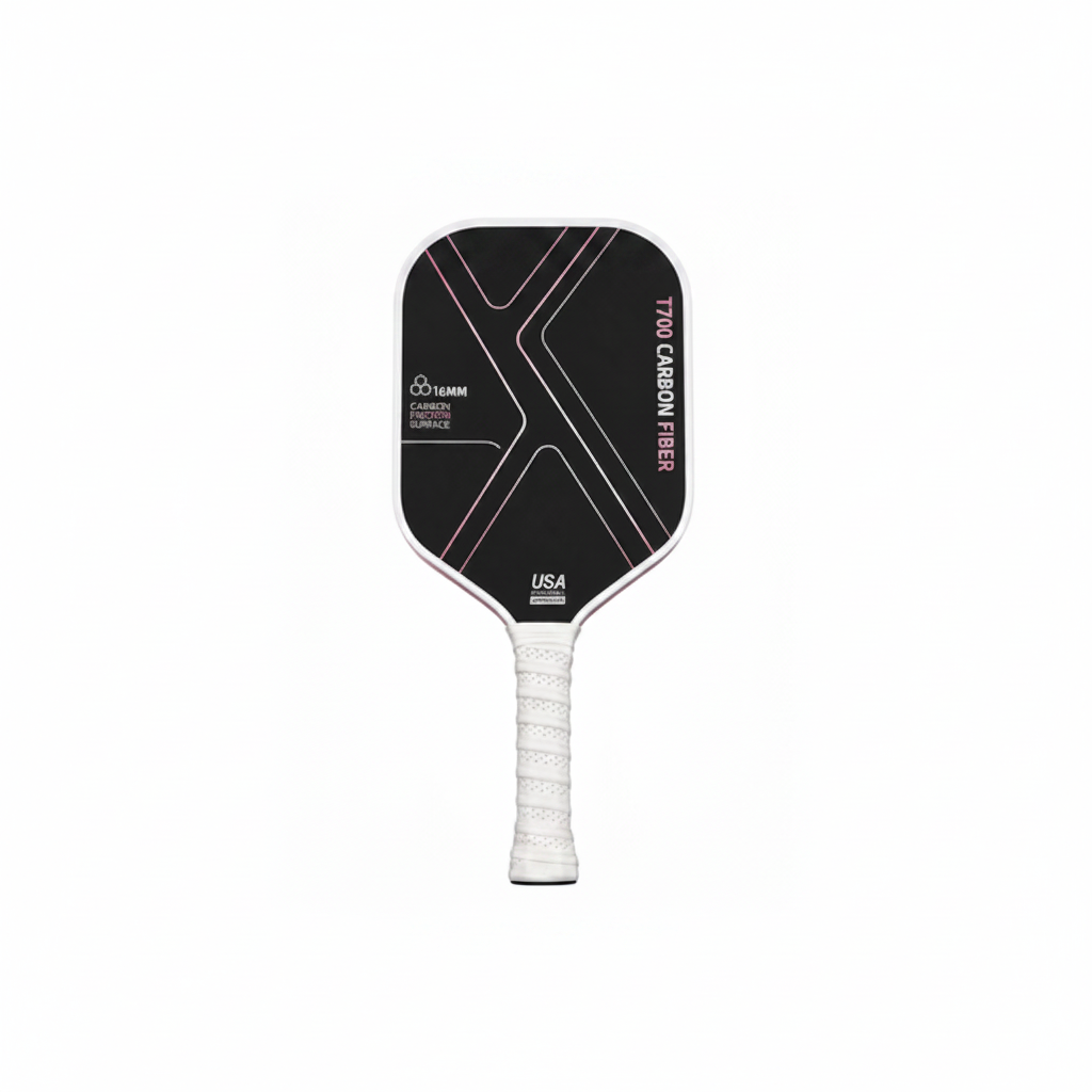 Black and white pickleball paddle with purple text on a white background.