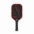 Black and red pickleball paddle with branding on a white background