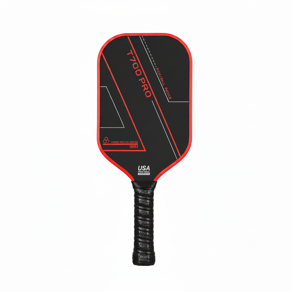 Black and red pickleball paddle with branding on a white background