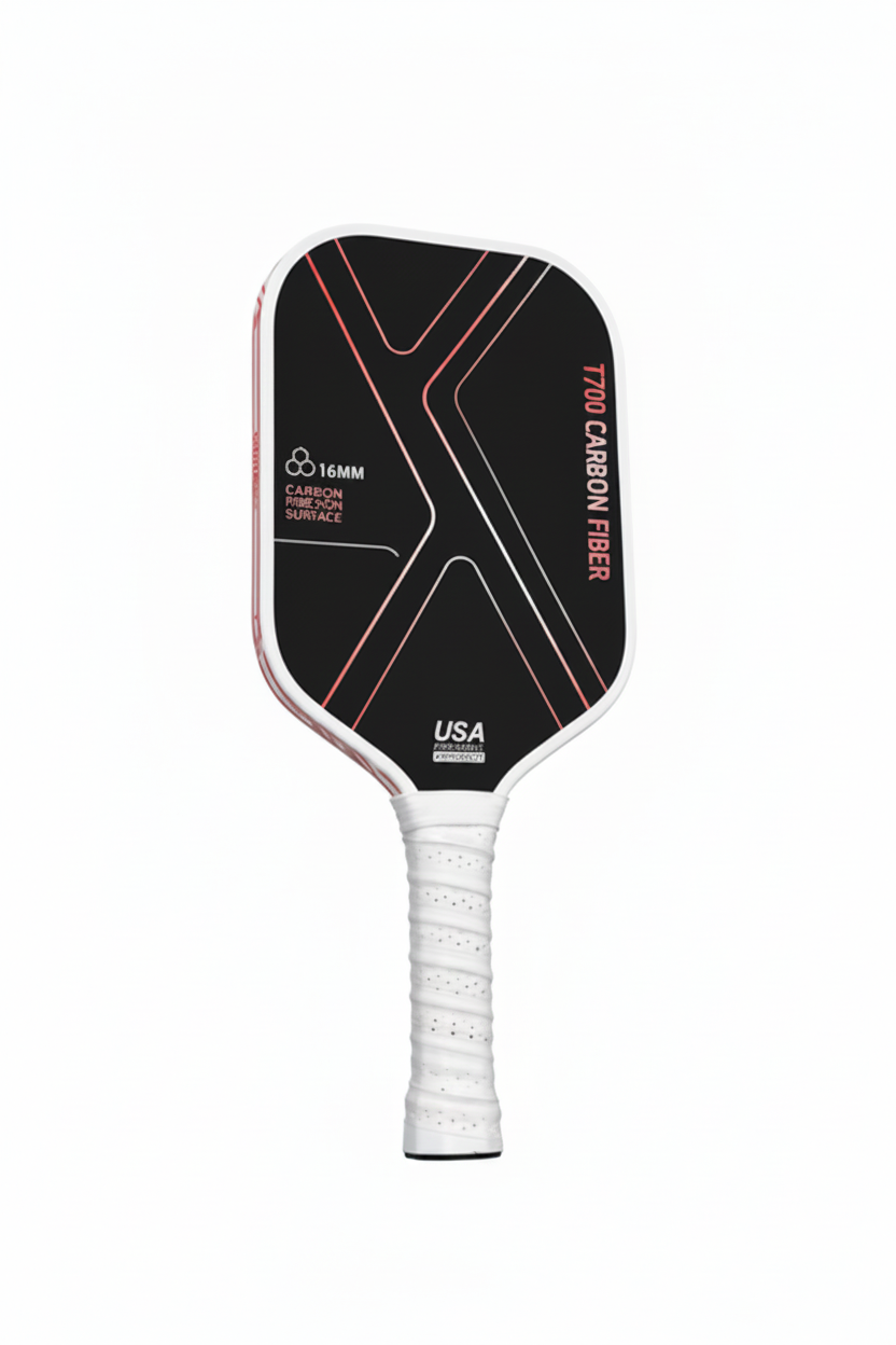 Black and white pickleball paddle with red text on a white background