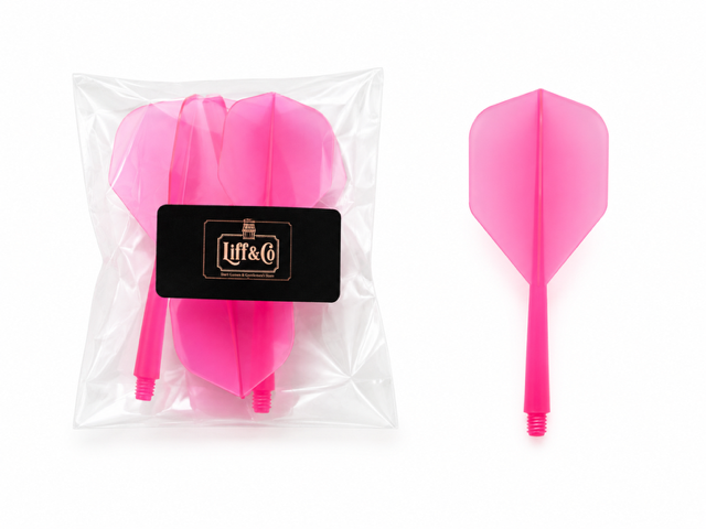 Pink dart flights with a clear packaging bag and visible Liff and co logo on a white background