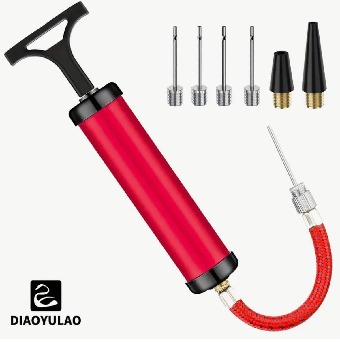 Red manual pump with interchangeable nozzles on a white background, featuring the DIAOYULAO brand.