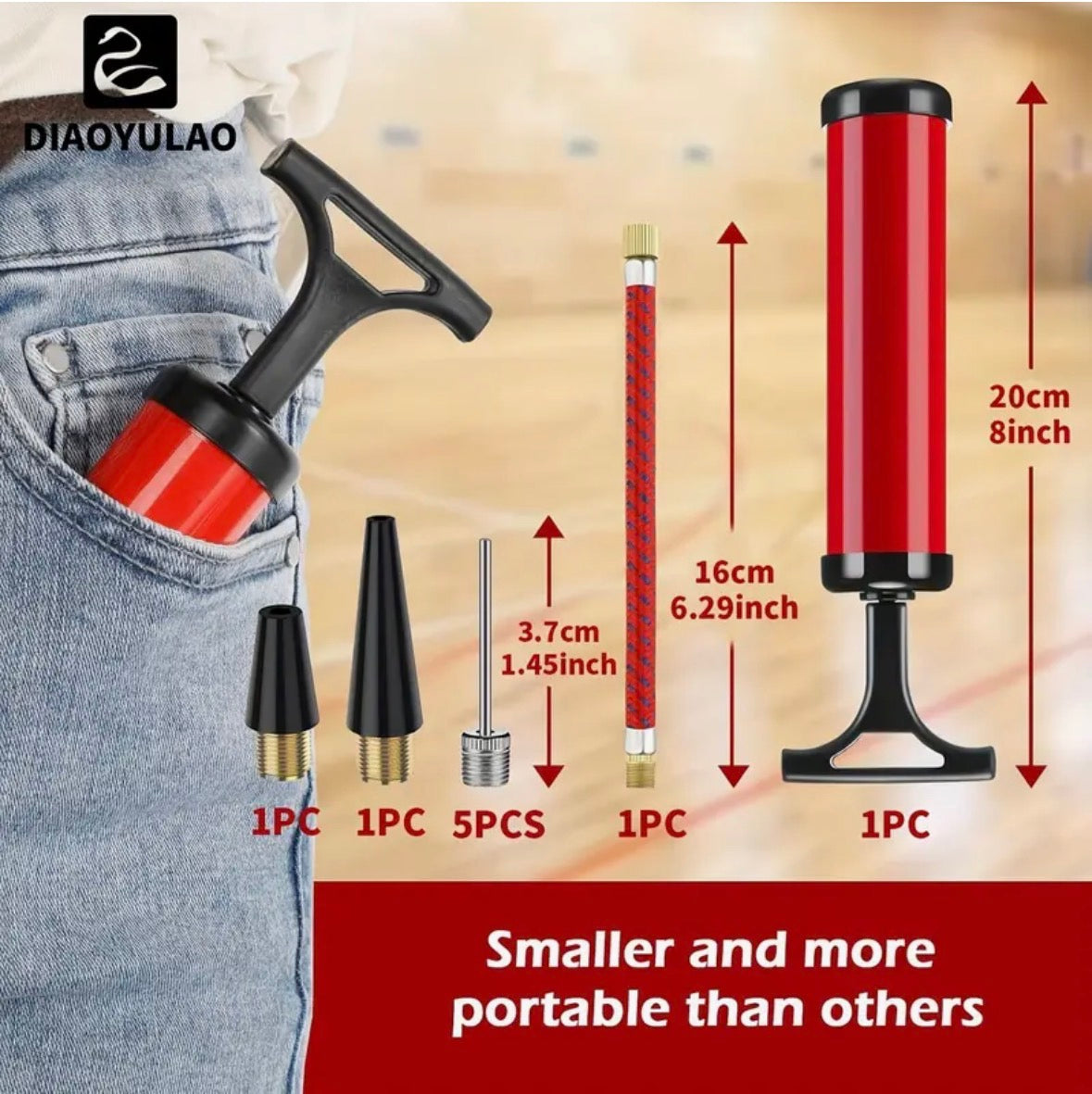 Red and black pump with interchangeable nozzles and measurement details on a beige background.