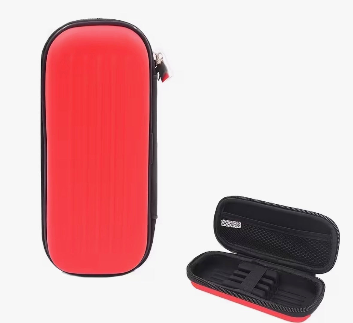 Red and black hard-shell  Darts carrying case on a white background