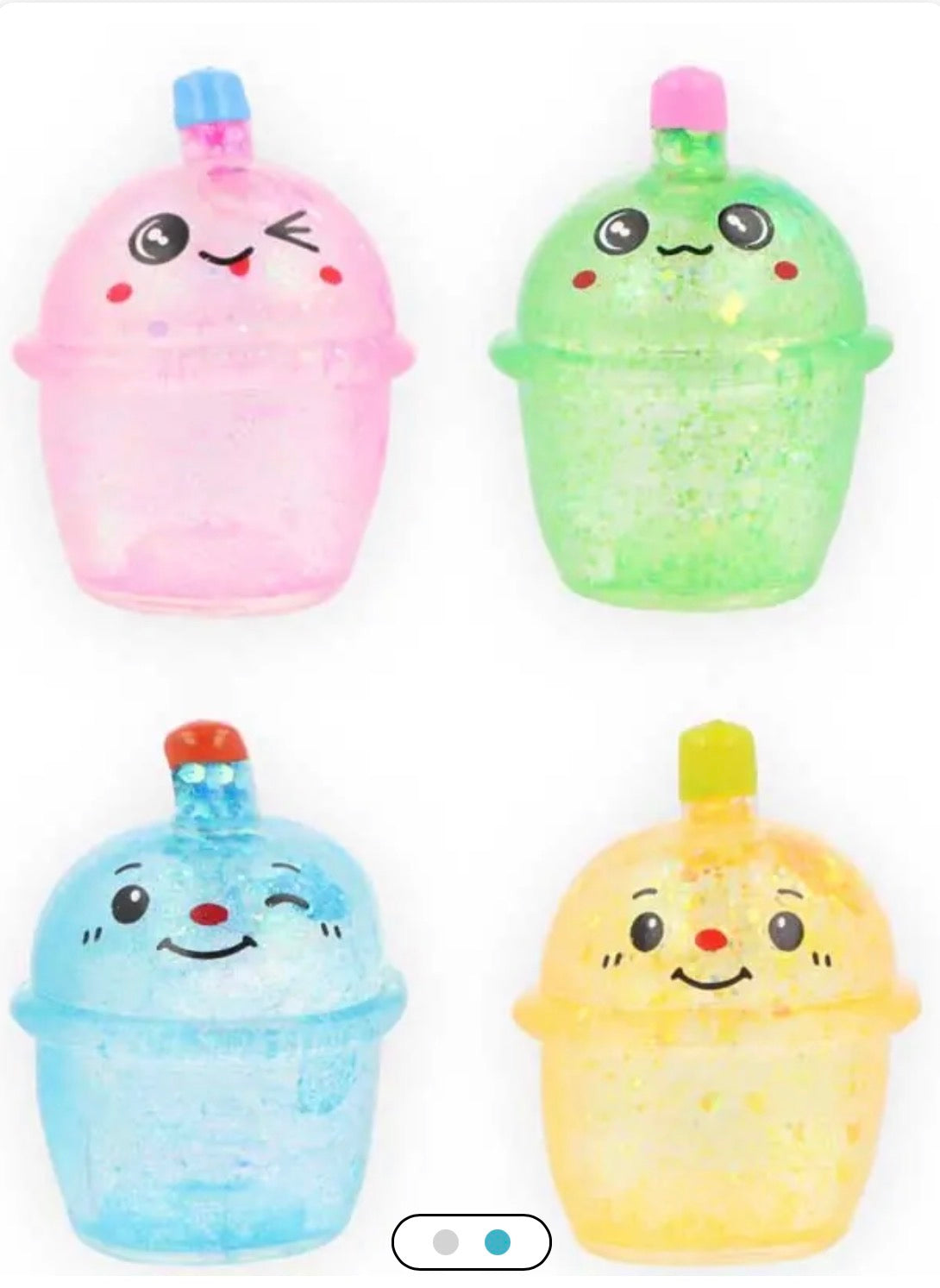 Four colourful react to touch bubble tea shaped drink toys with smiling faces on a white background