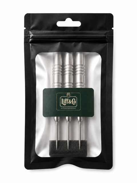 Packaged set of metal dart points only with a visible brand label on a white background