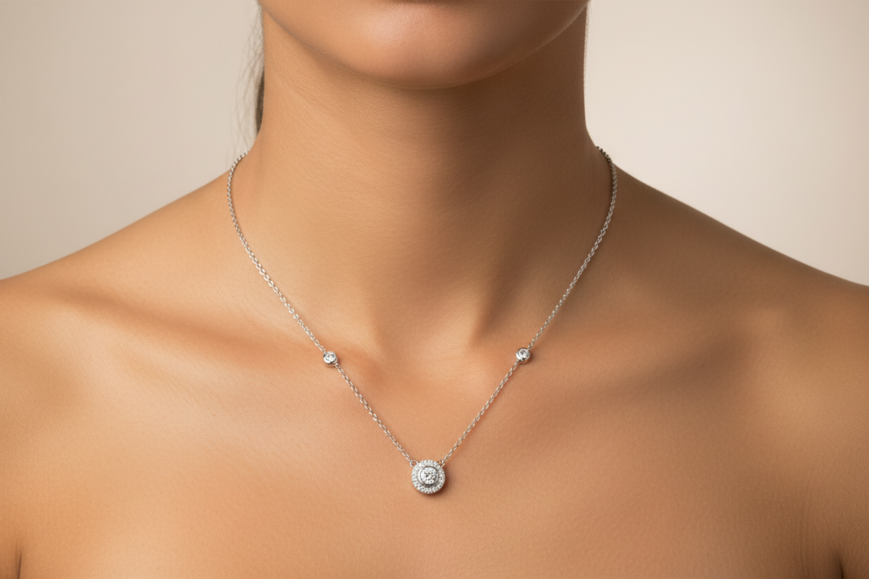 Silver CZ Necklet on Tanned Neck