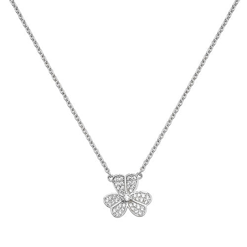 Silver necklace with a clover-shaped pendant on a white background