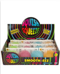 Display box of Squish Squeeze smooth-eez toys with colorful packaging.