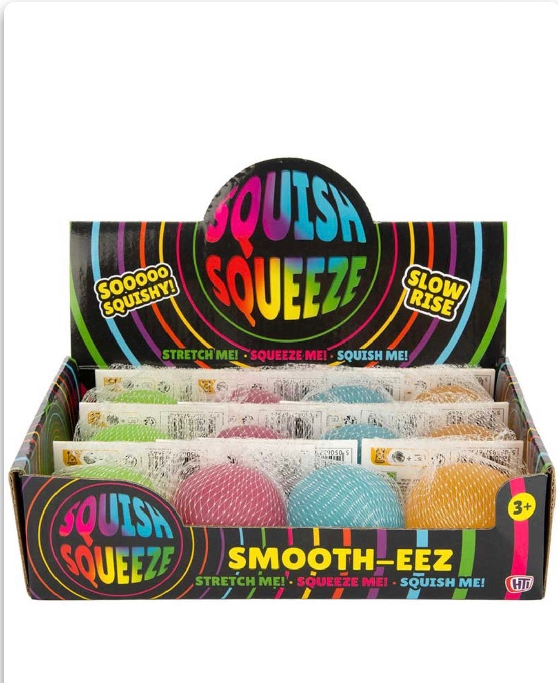 Display box of Squish Squeeze smooth-eez toys with colorful packaging.