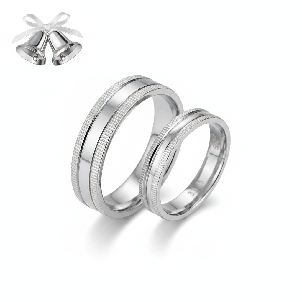 Sterling Silver Mill Grain Wedding Ring Set with Wedding Bells