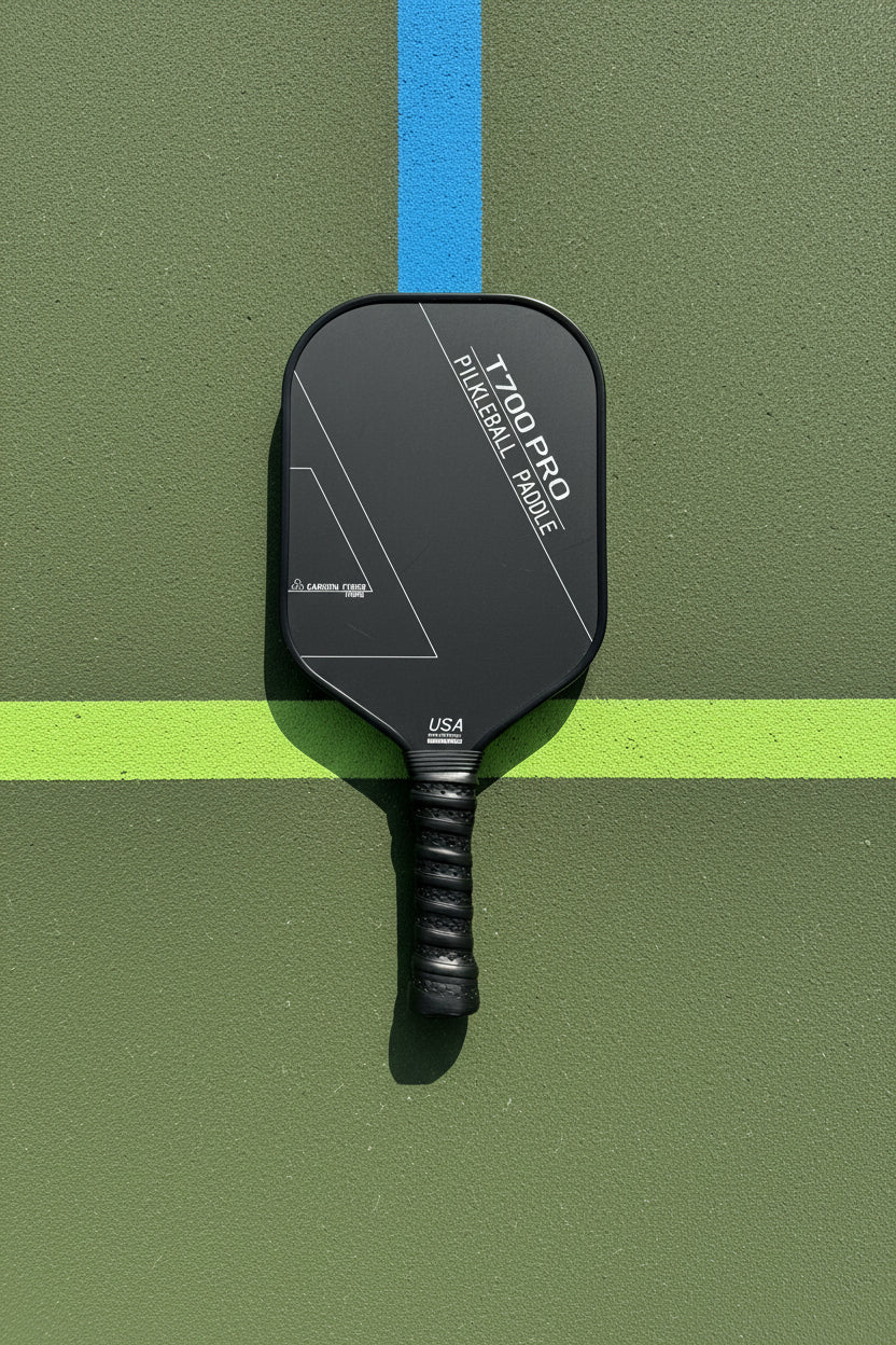 Black pickleball paddle on a white fabric background
