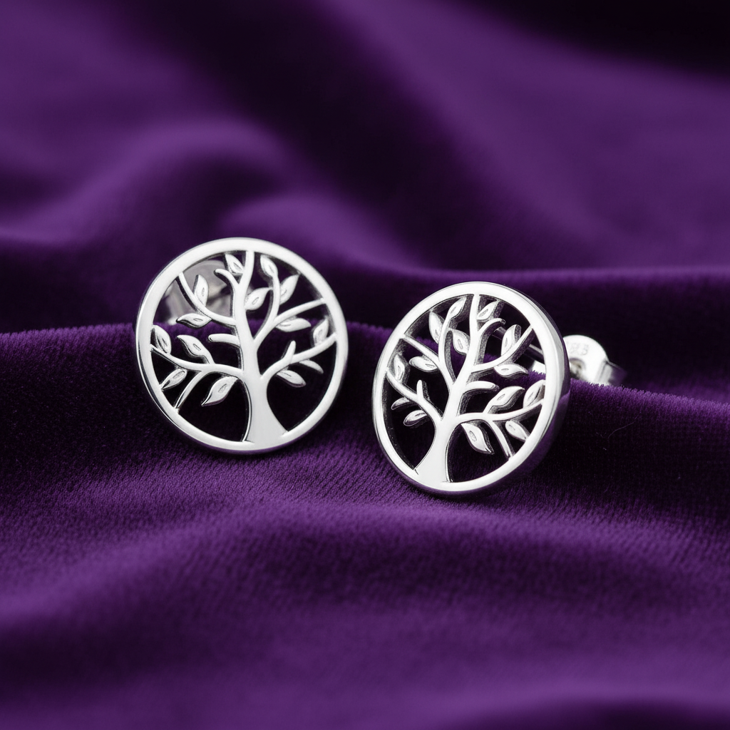 Sterling Silver Rhodium Plated Tree of Life Stud Earrings