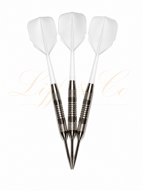 Three darts with white flight and metallic shaft on a white background