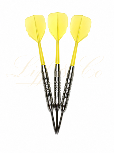 Three yellow darts with silver shafts on a white background